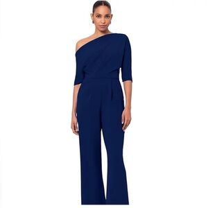 NWT Betsy & Adam Blue Ruched One-ShoulderSleeve Jumpsuit lowest price no offers